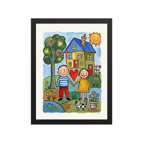 'Our Little Home' — a Naive art,Folk art print. A smiling couple holding hands in front of a colorful house, a tree with heart apples, and a black and white cat, perfect for a family living room.