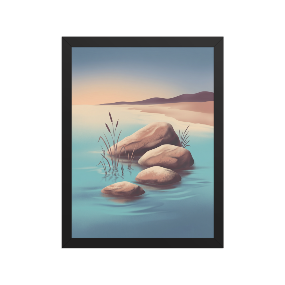 'Zen Waters' — a Minimalism print. A serene painting of smooth rocks and delicate reeds in calm water, ideal for a meditation room.