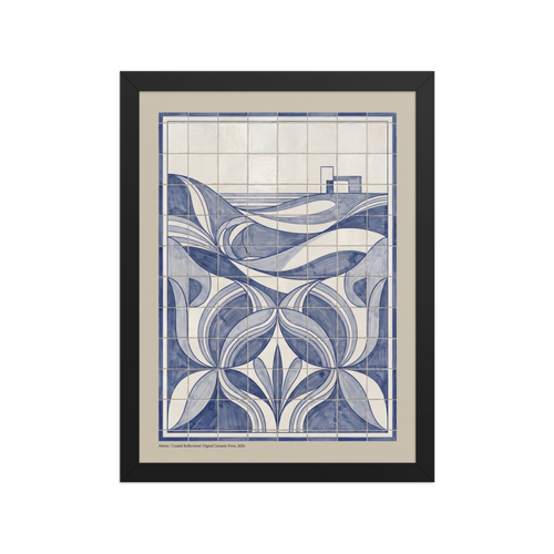 'Coastal Reflections' — a Art Deco print. A modern blue and white geometric tile artwork of a serene coastal landscape, perfect for an elegant Office.