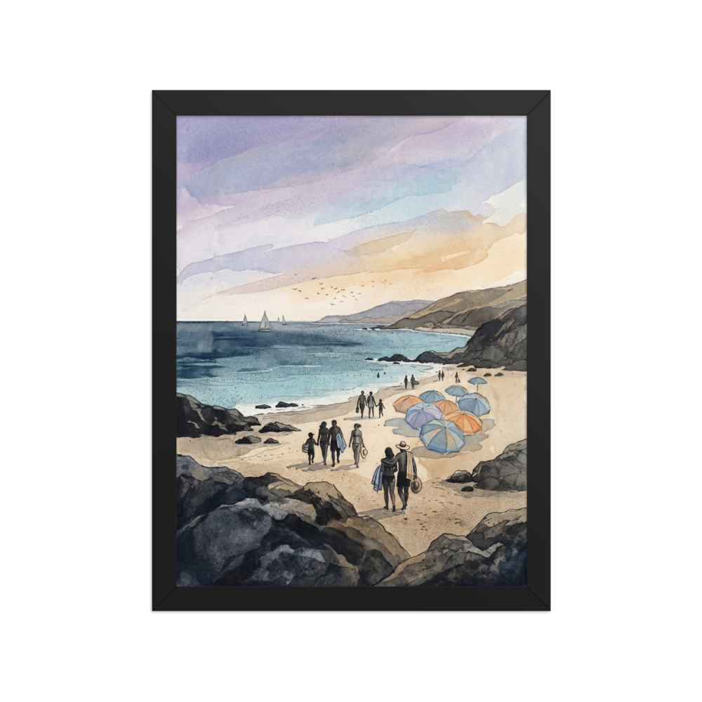 'Coastal Gathering' — a Impressionism print. A lively beach scene with people, sailboats, and rocky shores painted in soft tones, ideal for a Dining Room or Living Room.