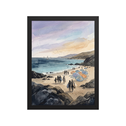 'Coastal Gathering' — a Impressionism print. A lively beach scene with people, sailboats, and rocky shores painted in soft tones, ideal for a Dining Room or Living Room.