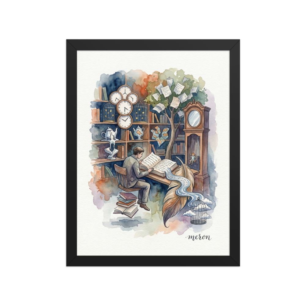 A surreal watercolor painting of a man reading a book that flows into a giant quill feather, surrounded by a bookshelf with melting clocks, a tree growing paper leaves, and a grandfather clock with a child swinging inside.