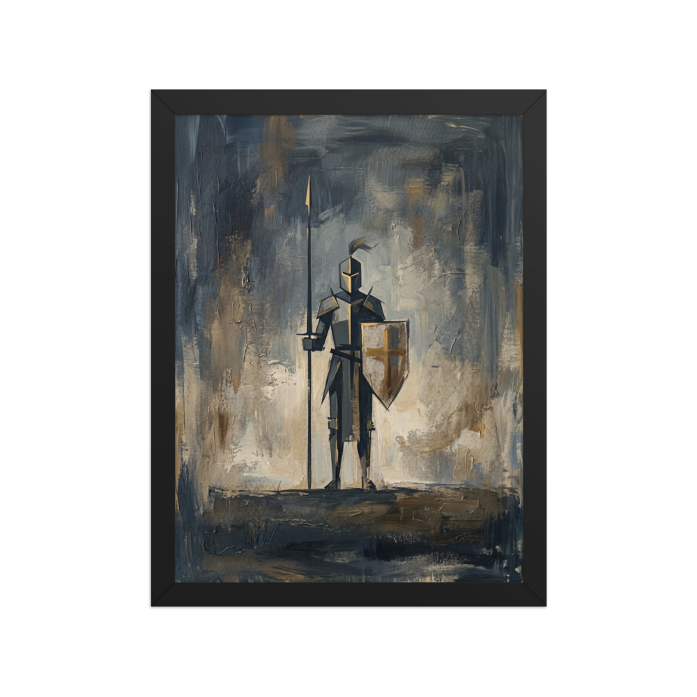 'The Golden Sentinel' — a Minimalism print. A minimalist painting of a knight holding a spear and a shield with gold accents, perfect for a modern Living Room.