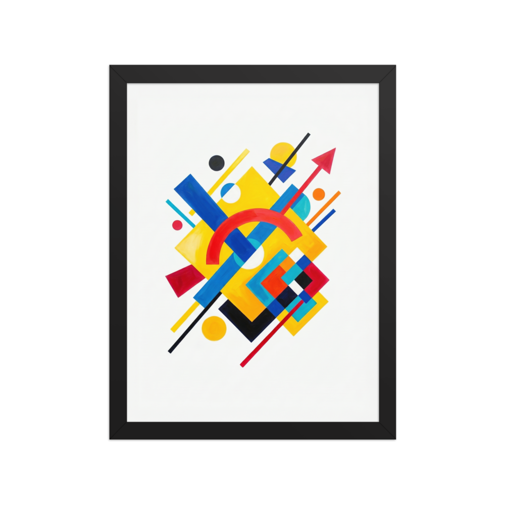 'Directional Energy' — a Suprematism print. A vivid abstract painting featuring overlapping geometric shapes like rectangles, circles, and an arrow in primary colors, a bold addition to a Living Room.