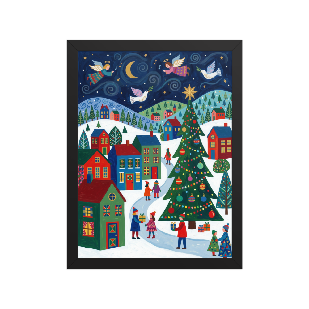 'Starry Night Angels' — a Naive art print. A magical Naive Art depiction of angels flying over a vibrant winter village with colorful houses and a large Christmas tree, lovely for a cozy Bedroom.