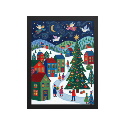 'Starry Night Angels' — a Naive art print. A magical Naive Art depiction of angels flying over a vibrant winter village with colorful houses and a large Christmas tree, lovely for a cozy Bedroom.