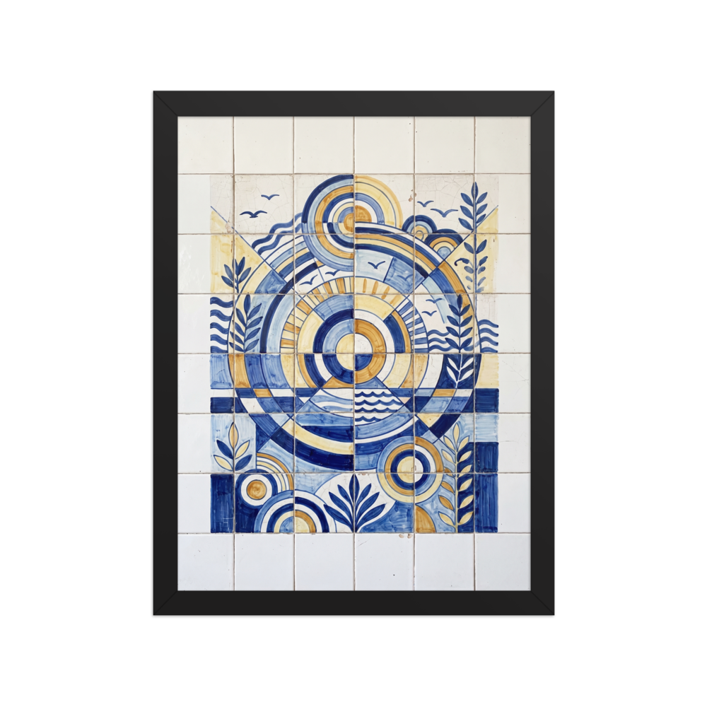 'The Sunlit Compass' — a Art Deco print. A symmetrical blue and yellow geometric tile artwork featuring a sun and botanical elements, perfect for an elegant Entryway.
