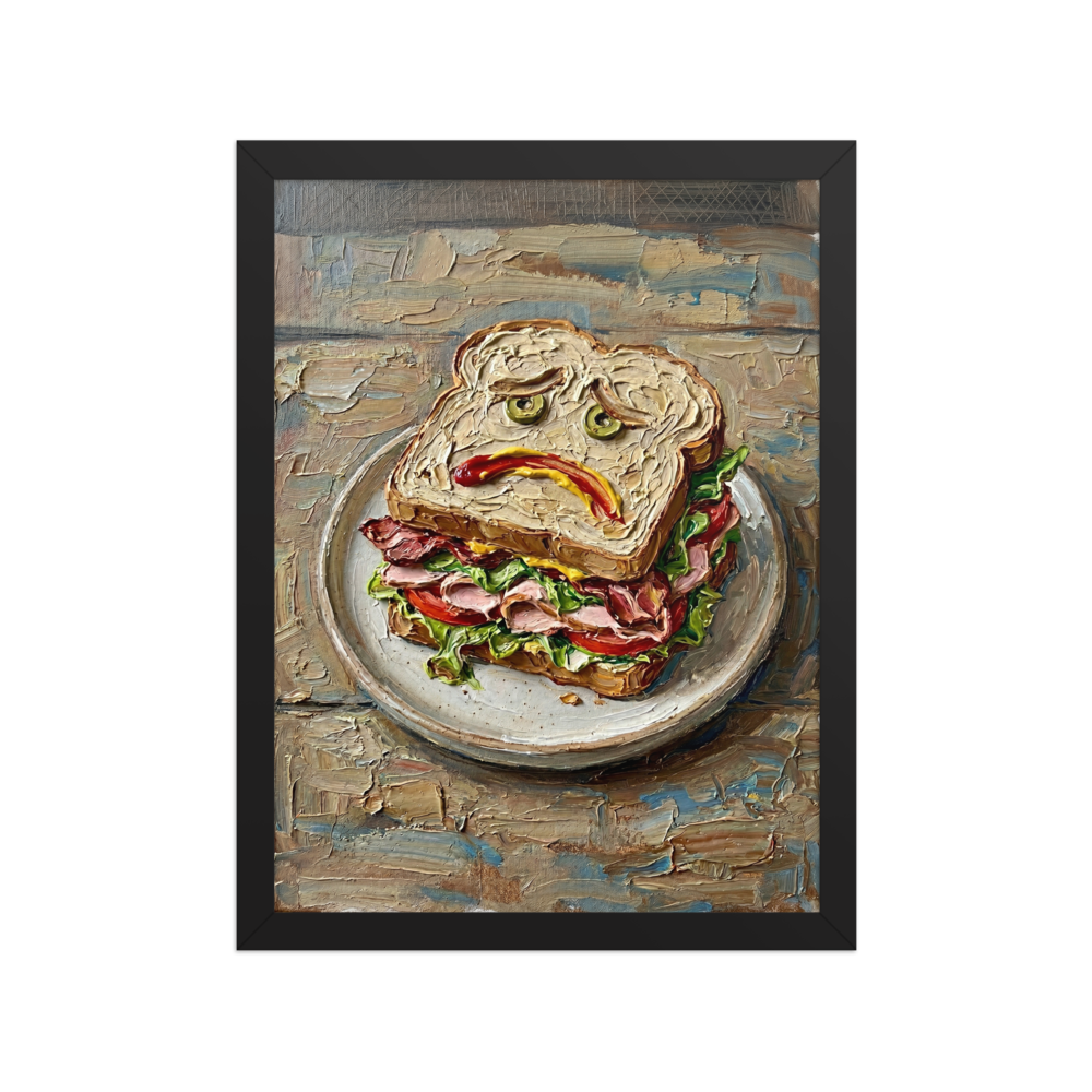 'The Melancholy Meal' — a Expressionism print. An impasto painting of a sandwich with a sad face drawn in condiments, suited for a quirky Kitchen or Dining Room.