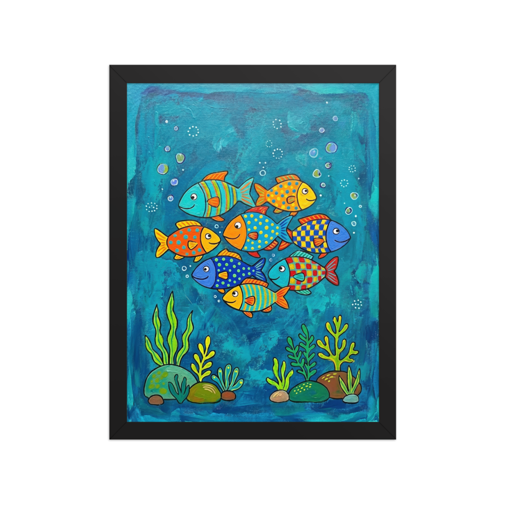 'Colorful Ocean Friends' — a Naive art print. A colorful naive art painting of a school of patterned fish swimming underwater among seaweed and bubbles, perfect for a lively bathroom.