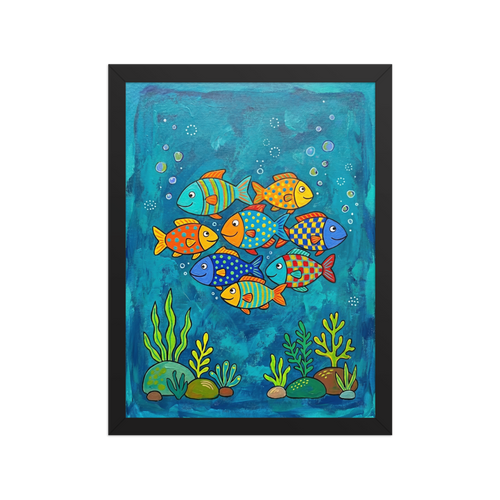 'Colorful Ocean Friends' — a Naive art print. A colorful naive art painting of a school of patterned fish swimming underwater among seaweed and bubbles, perfect for a lively bathroom.