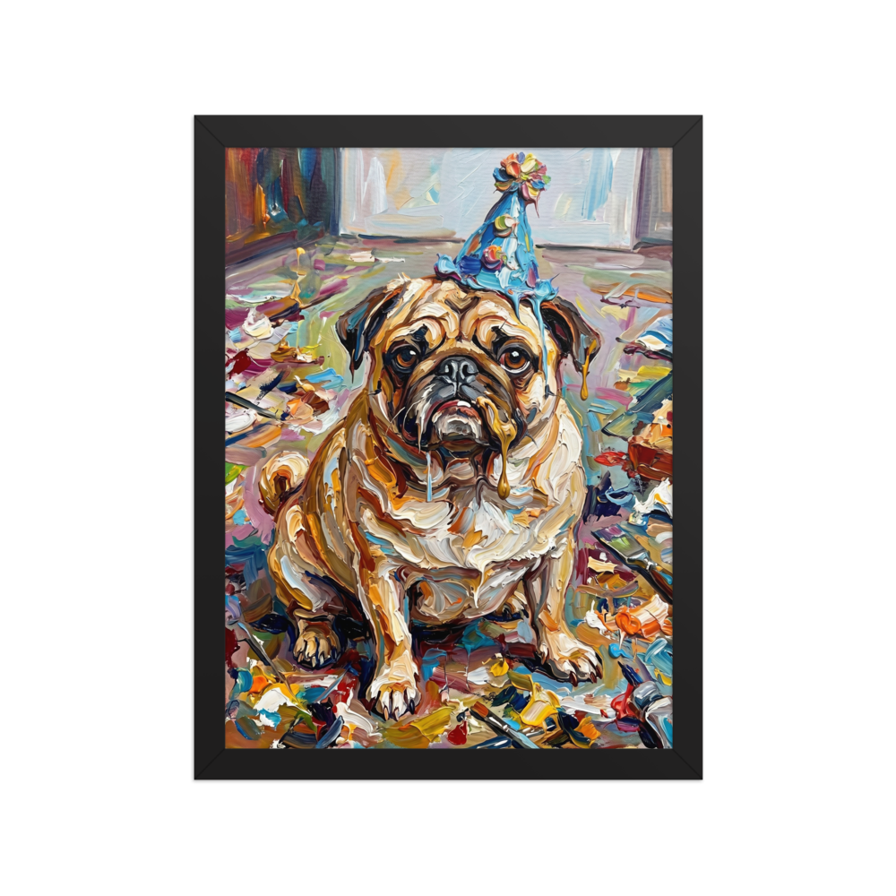 'Messy Celebration' — a Expressionism,Pop art print. Colorful impasto painting of a pug in a birthday hat covered in paint, perfect for a playroom.