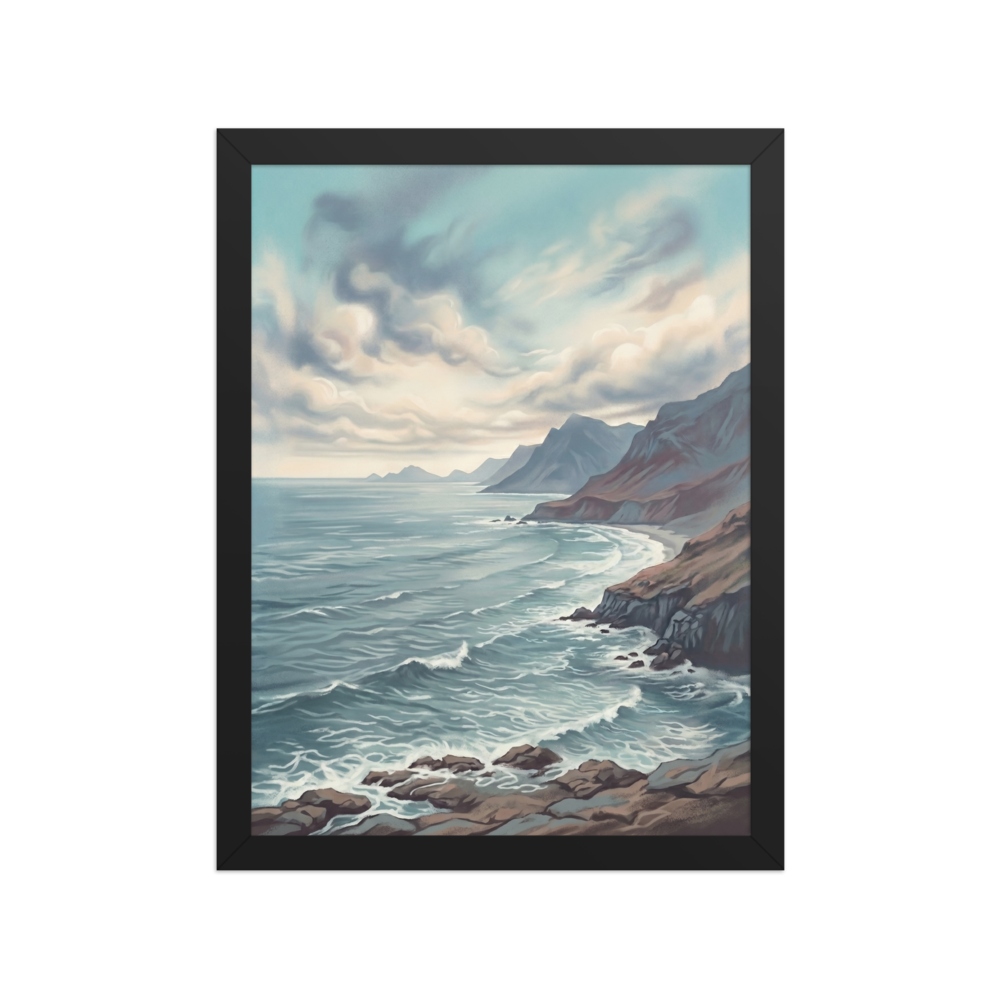 'Coastal Echoes' — a Romanticism print. A brooding painting of a rugged coastline with dark mountains and a restless ocean under a cloudy sky, suited for an office.