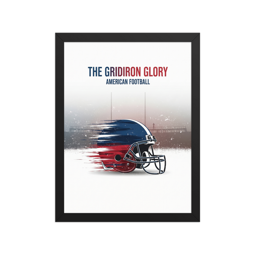 'The Gridiron Glory' — a Digital art print. A red, white, and blue American football helmet with motion blur effects against a misty stadium, a bold piece for a Game Room.