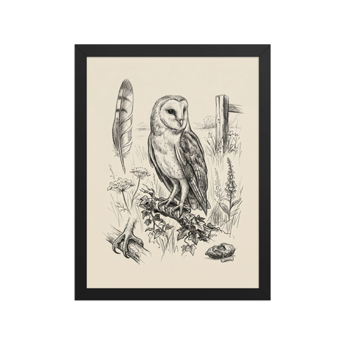 'Barn Owl Anatomy Study' — a Realism print. Pencil sketch of a barn owl with anatomical details including a feather, talons, and a skull.