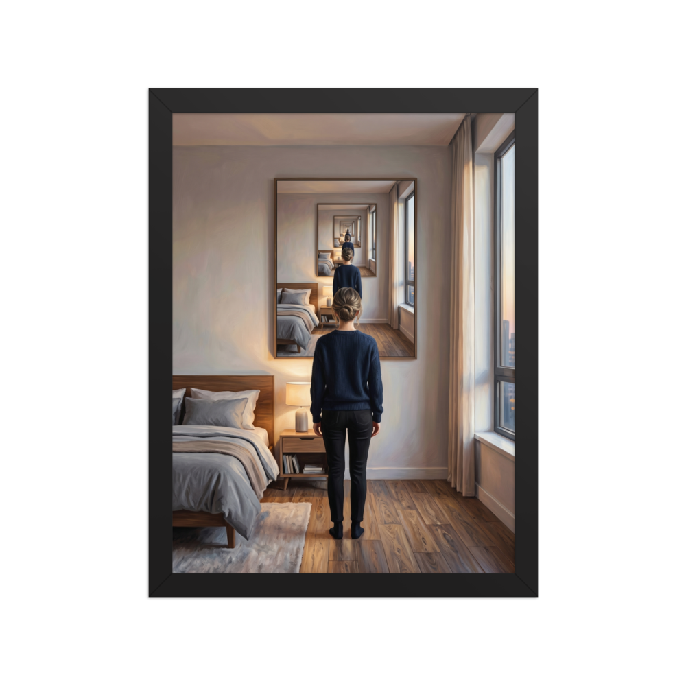 'The Infinite Self' — a Surrealism,Magic realism print. A dreamy surreal painting of a woman standing in a bedroom, looking into a mirror that endlessly reflects her back.