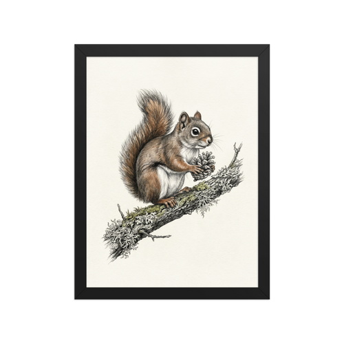 'Red Squirrel with Pinecone' — a Academic art,Realism print. Detailed colored illustration of a red squirrel sitting on a branch holding a pinecone.