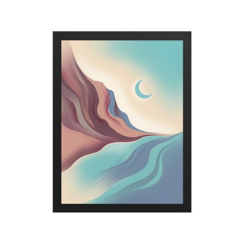 'Canyon Moonrise' — a Minimalism print. A minimalist landscape of smooth pastel canyons, a flowing river, and a crescent moon, perfect for a calming bedroom.