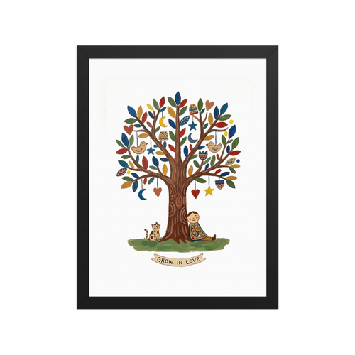 'The Tree Of Love' — a Naive art print. A heartwarming naive art piece showing a person and a spotted cat sitting under a tree decorated with hearts and moons, with a banner reading GROW IN LOVE.