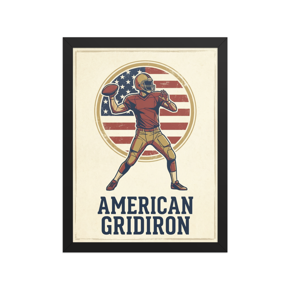 'The American Gridiron' — a Pop art print. A vintage-style graphic of an American football player against a distressed flag backdrop, ideal for a lively Game Room.