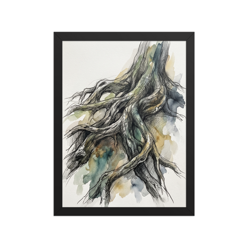 'Twisted Roots' — a Expressionism,Realism print. An expressive watercolor sketch of twisted tree roots, ideal for a Library.