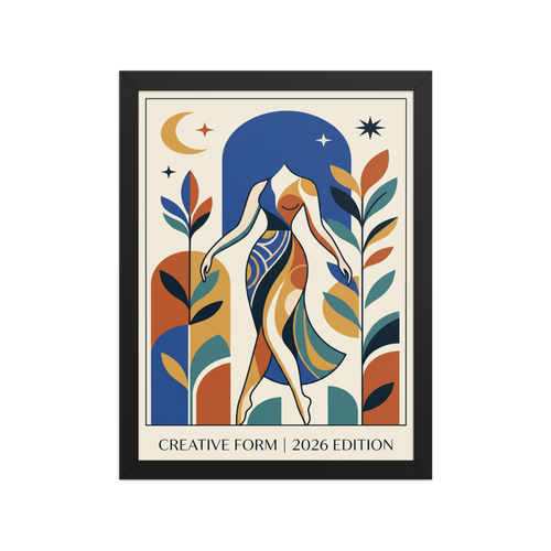 'Creative Form Under the Stars' — a Geometric abstract art,Modernism print. An abstract geometric portrait of a woman beneath a moonlit sky, a striking focal point for a Living Room.