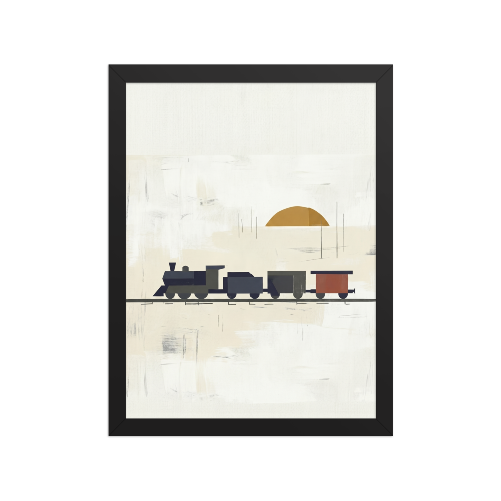 'Sunrise Locomotive' — a Minimalism print. A minimalist painting of a vintage steam train in dark colors against a cream background with an orange sun, ideal for a Boy's Bedroom or Office.