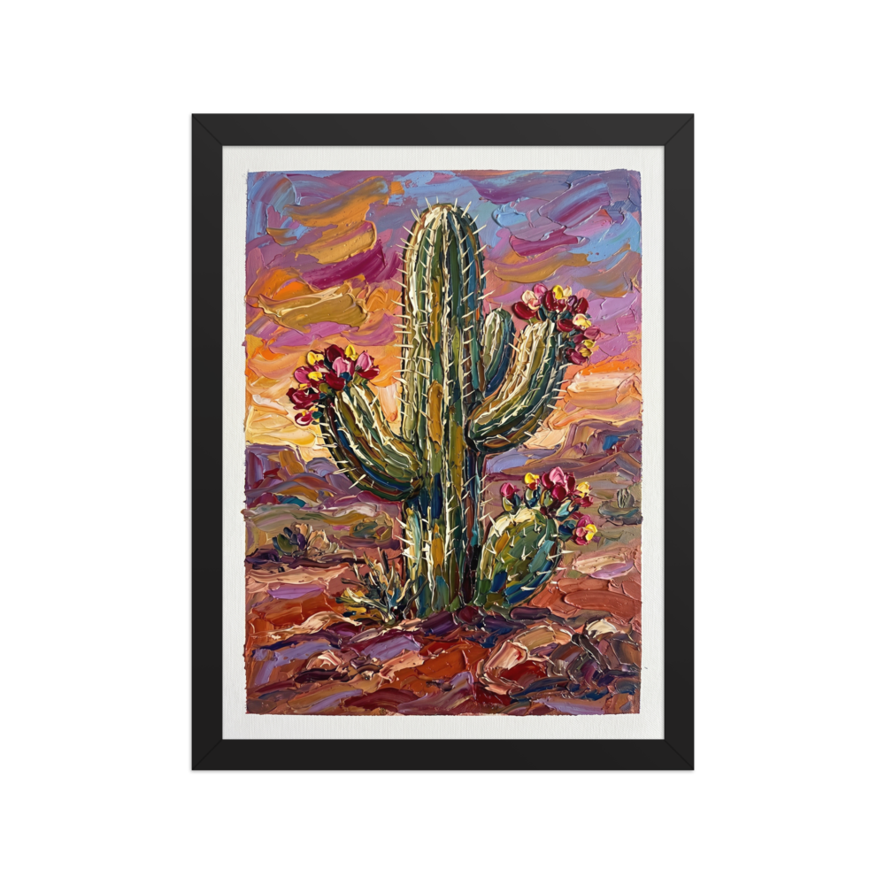 'Desert Bloom' — a Expressionism print. A textured painting of a blooming saguaro cactus against a colorful desert sky, bringing warmth to a sunroom.