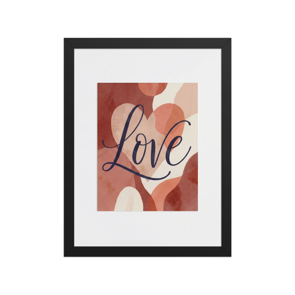 'Painted Affection' — a Abstract art,Minimalism print. A minimalist typography art print with the word Love written over abstract watercolor shapes in warm tones, perfect for a cozy bedroom.