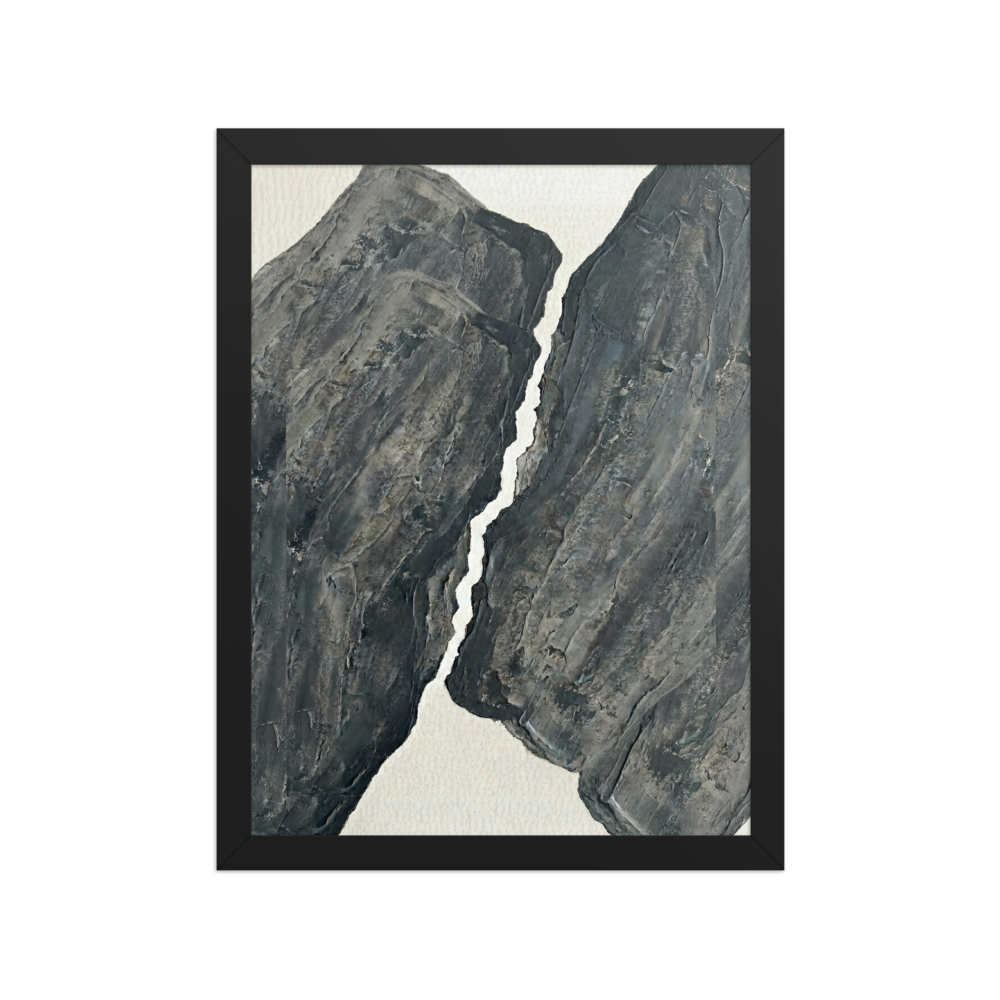 'Fractured Slate' — a Abstract art,Minimalism print. A textured abstract painting featuring two dark grey impasto shapes separated by a jagged white rift, perfect for a modern bedroom or office.