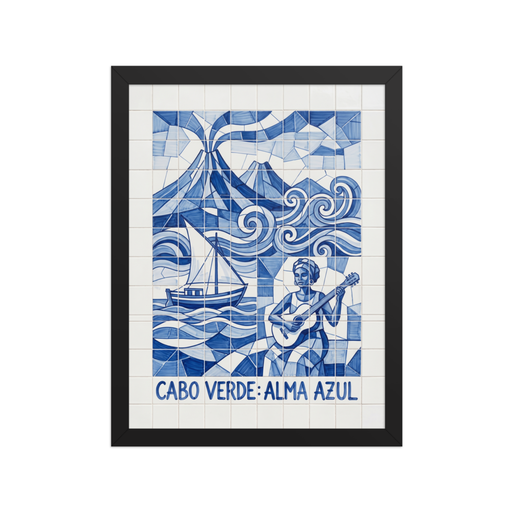 'Alma Azul' — a Cubism print. A geometric blue and white azulejo tile artwork showing a guitarist, sailboat, and volcano in Cabo Verde, ideal for a vibrant Studio.