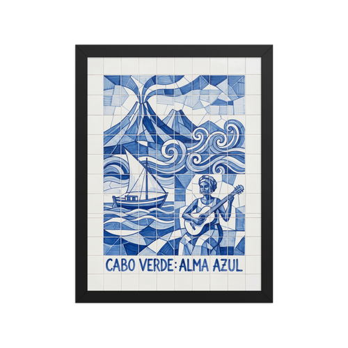 'Alma Azul' — a Cubism print. A geometric blue and white azulejo tile artwork showing a guitarist, sailboat, and volcano in Cabo Verde, ideal for a vibrant Studio.