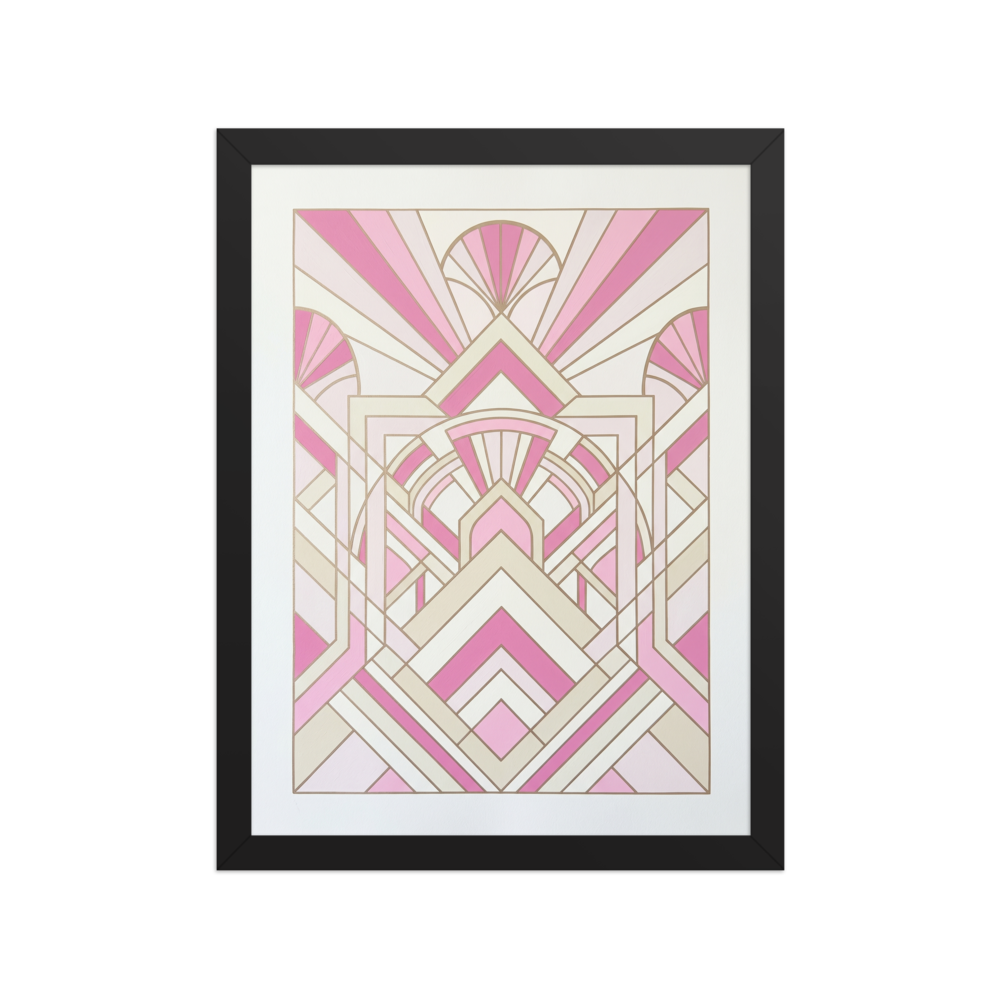 'Rose Deco Radiance' — a Art Deco print. A delicate Art Deco geometric design featuring symmetrical patterns and sunbursts in soft pink and creamy white tones, ideal for a serene bedroom.