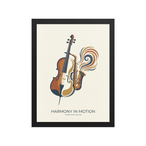 'Rhythm and Strings' — a Modernism print. Modern poster titled Harmony in Motion showing a cello and a saxophone blending together with colorful sound waves, perfect for a Studio or Living Room.