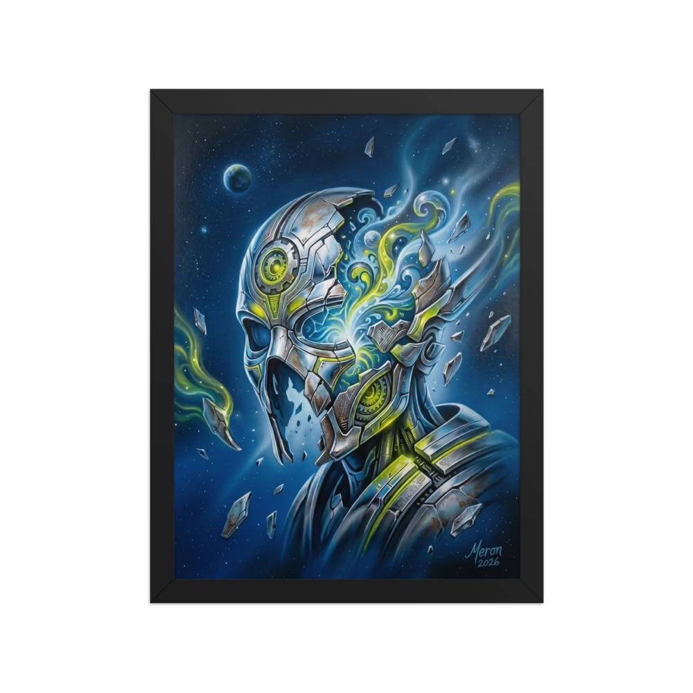 'Shattered Automaton' — a Surrealism print. A metallic robot head shattering to reveal a swirling glowing cosmic interior against a starry space background, perfect for a modern Game Room.