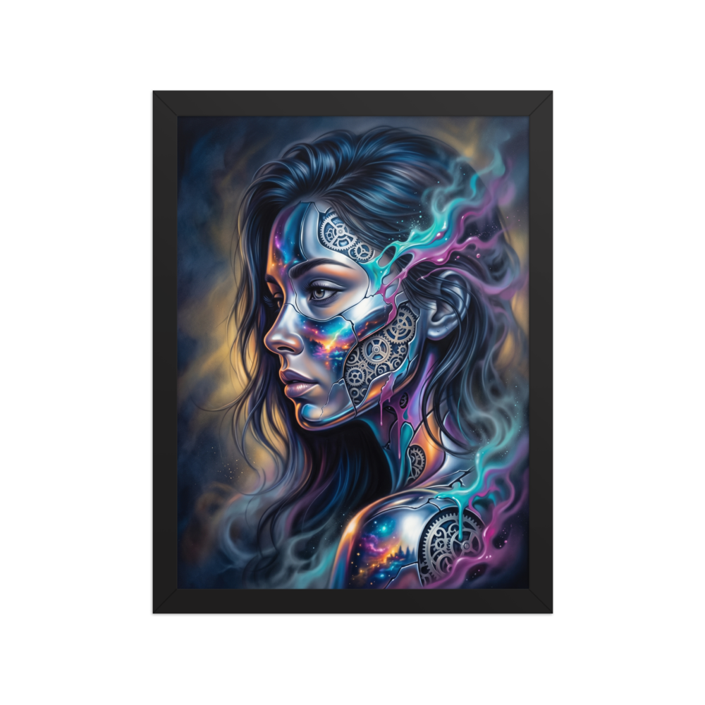 'Cosmic Clockwork' — a Surrealism print. A surreal cyberpunk portrait of a woman with gears and galaxies inside her face for a game room, framed by glowing teal and pink smoke.