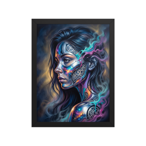 'Cosmic Clockwork' — a Surrealism print. A surreal cyberpunk portrait of a woman with gears and galaxies inside her face for a game room, framed by glowing teal and pink smoke.