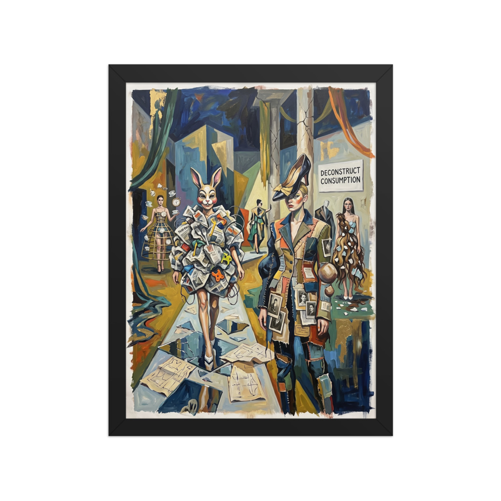 A surreal painting of fashion models on a runway wearing absurd outfits made of trash, newspapers, and mismatched items, with a sign reading Deconstruct Consumption.