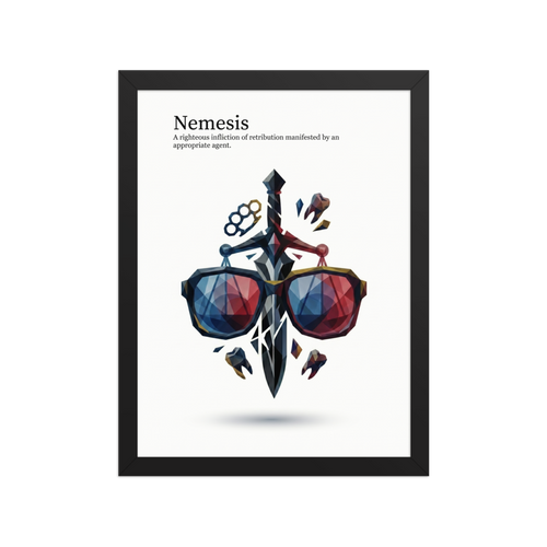 'Righteous Retribution' — a Digital art,Pop art print. A low-poly illustration of a sword, sunglasses, brass knuckles, and teeth with the text 'Nemesis', perfect for a Man Cave.