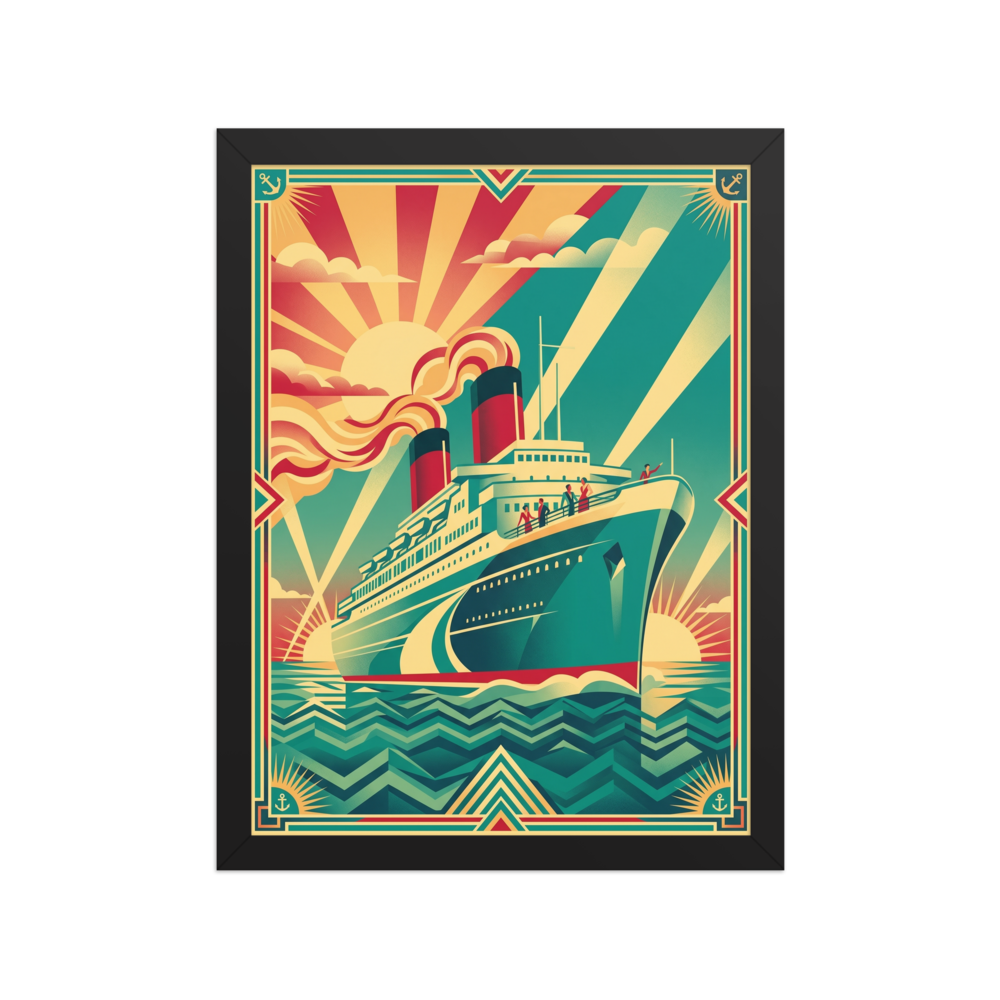 'Voyage of the Sunburst' — a Art Deco print. A vintage-style travel poster of a grand ocean liner sailing on geometric waves under a bold sunburst sky, an adventurous piece for a home office or den.