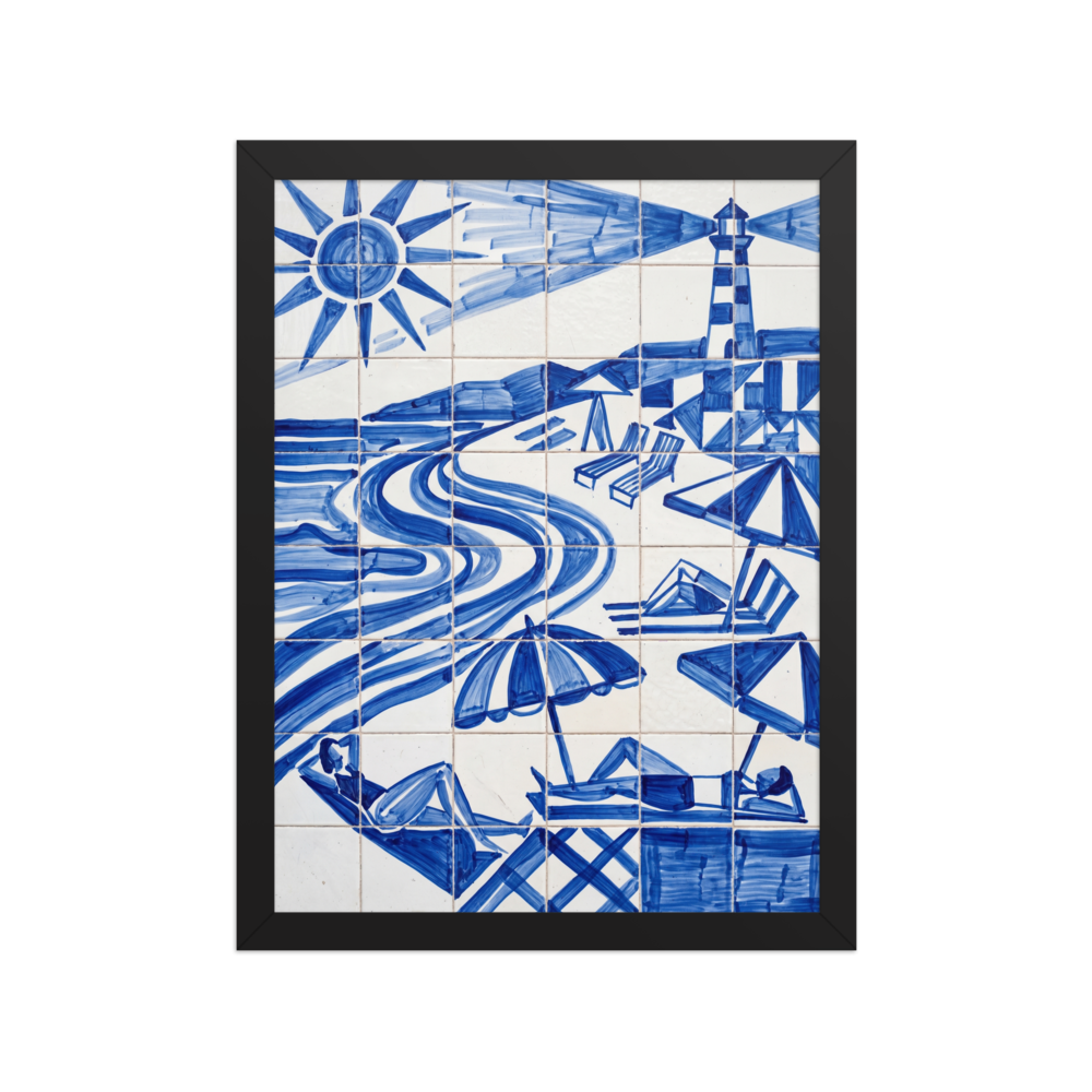 'The Blue Riviera' — a Geometric abstract art print. A geometric blue and white azulejo tile artwork of a sunny beach with loungers, perfect for an Outdoor / Garden.