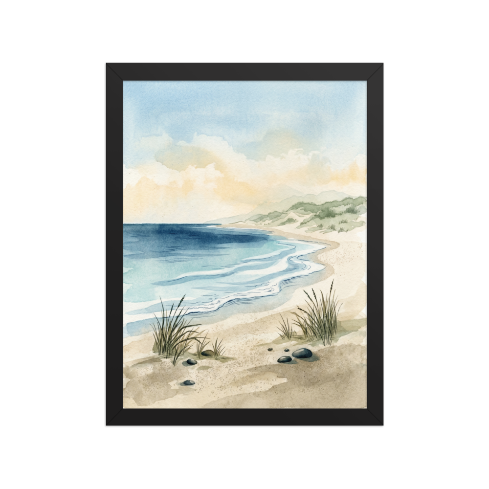 'Tranquil Tides' — a Impressionism print. A serene watercolor landscape of an empty beach with gentle blue waves and sandy shores, perfect for a calm Living Room.