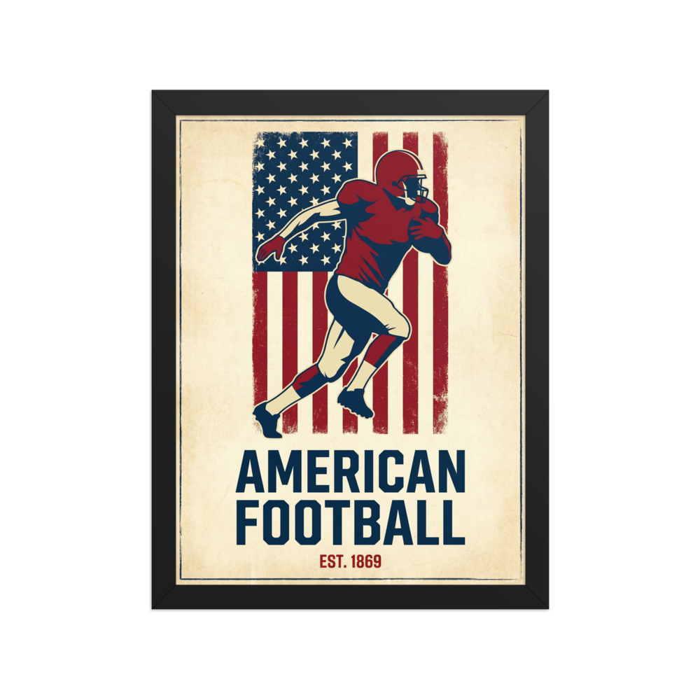 'Gridiron Heritage' — a Pop art,Digital art print. A vintage-style illustration of an American football player running against a distressed American flag, an energetic piece for a Man Cave.
