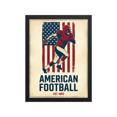'Gridiron Heritage' — a Pop art,Digital art print. A vintage-style illustration of an American football player running against a distressed American flag, an energetic piece for a Man Cave.