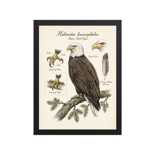 'Bald Eagle Portrait Study' — a Academic art,Realism print. Detailed portrait of a bald eagle with studies of its talons and a single feather.