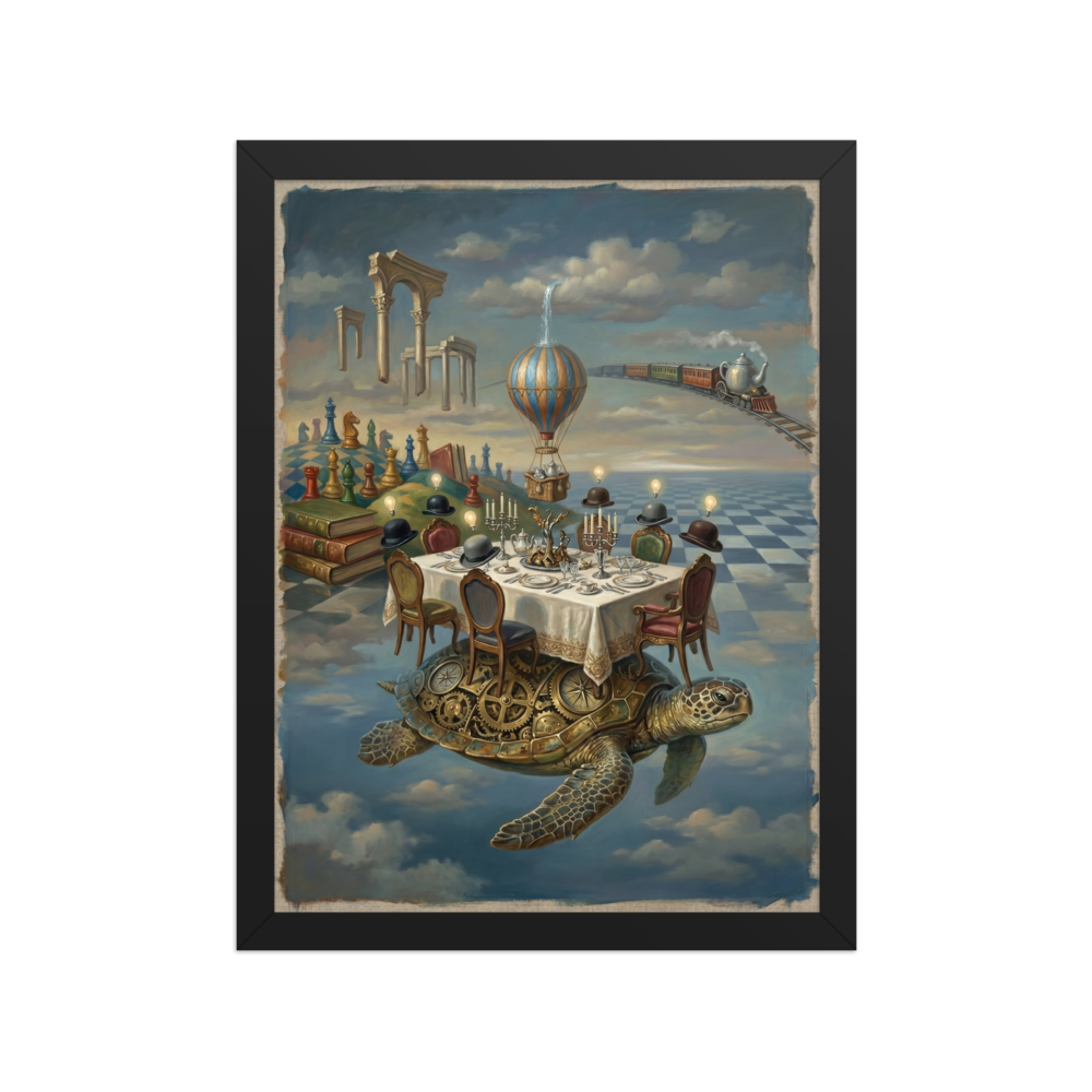 A surreal painting of a clockwork turtle carrying a dinner table with invisible guests wearing bowler hats, floating in a sky filled with oddities like a teapot train and a chessboard landscape.
