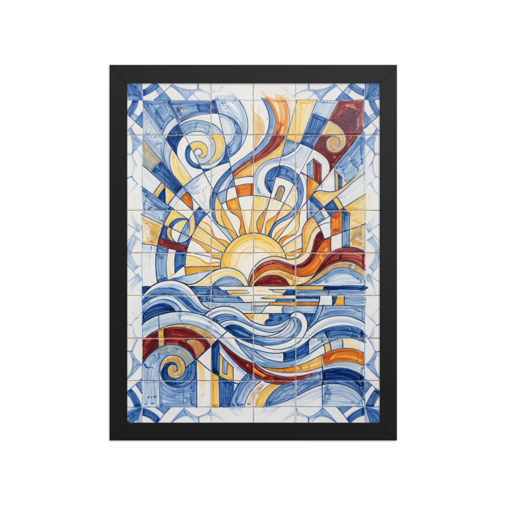 'The Radiant Horizon' — a Cubism print. A dynamic, colorful geometric azulejo tile artwork showing a stylized sun and waves, ideal for a bright Sunroom / Conservatory.