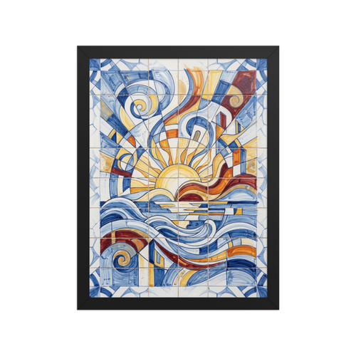'The Radiant Horizon' — a Cubism print. A dynamic, colorful geometric azulejo tile artwork showing a stylized sun and waves, ideal for a bright Sunroom / Conservatory.