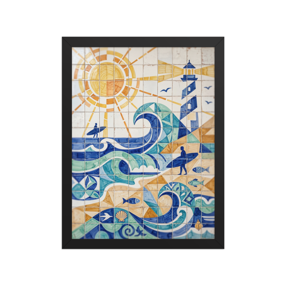 'Coastline Cubism' — a Cubism print. A lively blue and orange azulejo tile artwork depicting a sunny beach scene with surfers, great for a bright Bathroom.