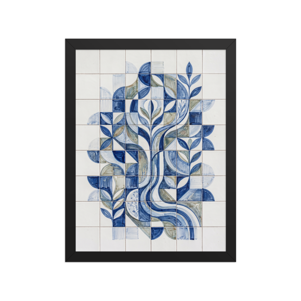 'The Blue Bloom' — a Geometric abstract art print. A geometric blue and white azulejo tile pattern of an abstract plant, perfect for a modern Kitchen.