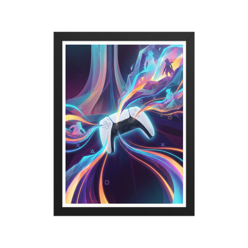 'Neon Gameplay' — a Pop art print. Vibrant digital illustration titled Console Energy showing a gaming controller radiating neon colors and geometric shapes, ideal for a Game Room or Bedroom.